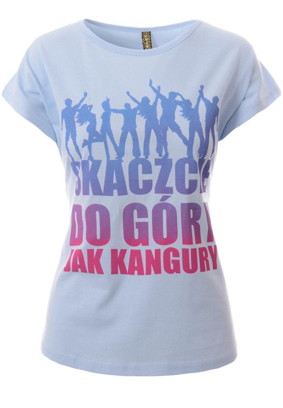 Damska Koszulka Krótki Rękaw T-Shirt Nadruk SKACZCIE DO GÓRY Błękitna