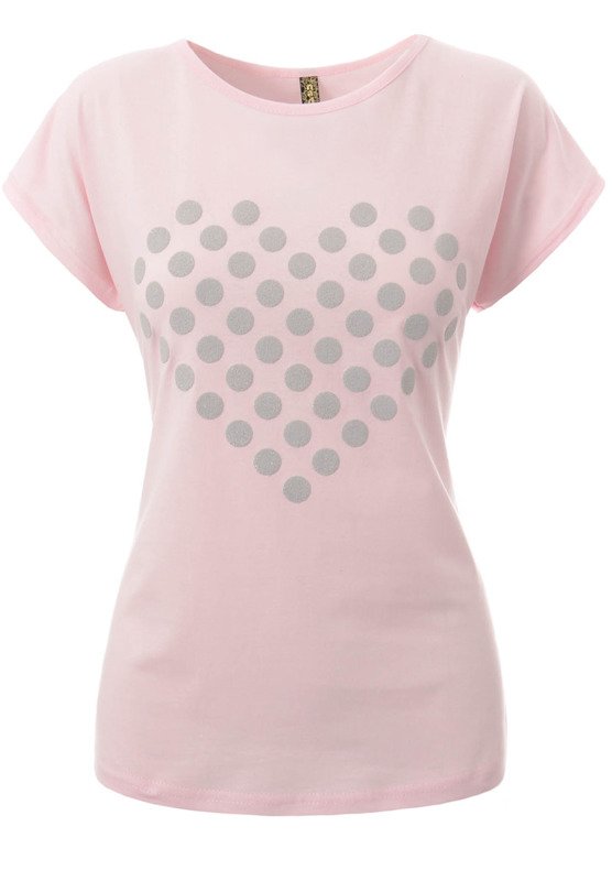 Damska Koszulka Krótki Rękaw T-Shirt Nadruk Serce Różowa