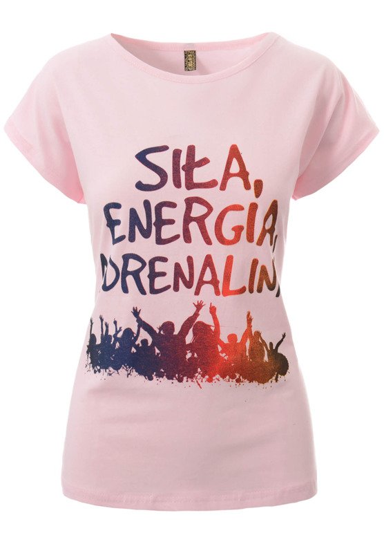 Damska Koszulka Krótki Rękaw T-Shirt Nadruk "Siła Energia Adrenalina" Różowa